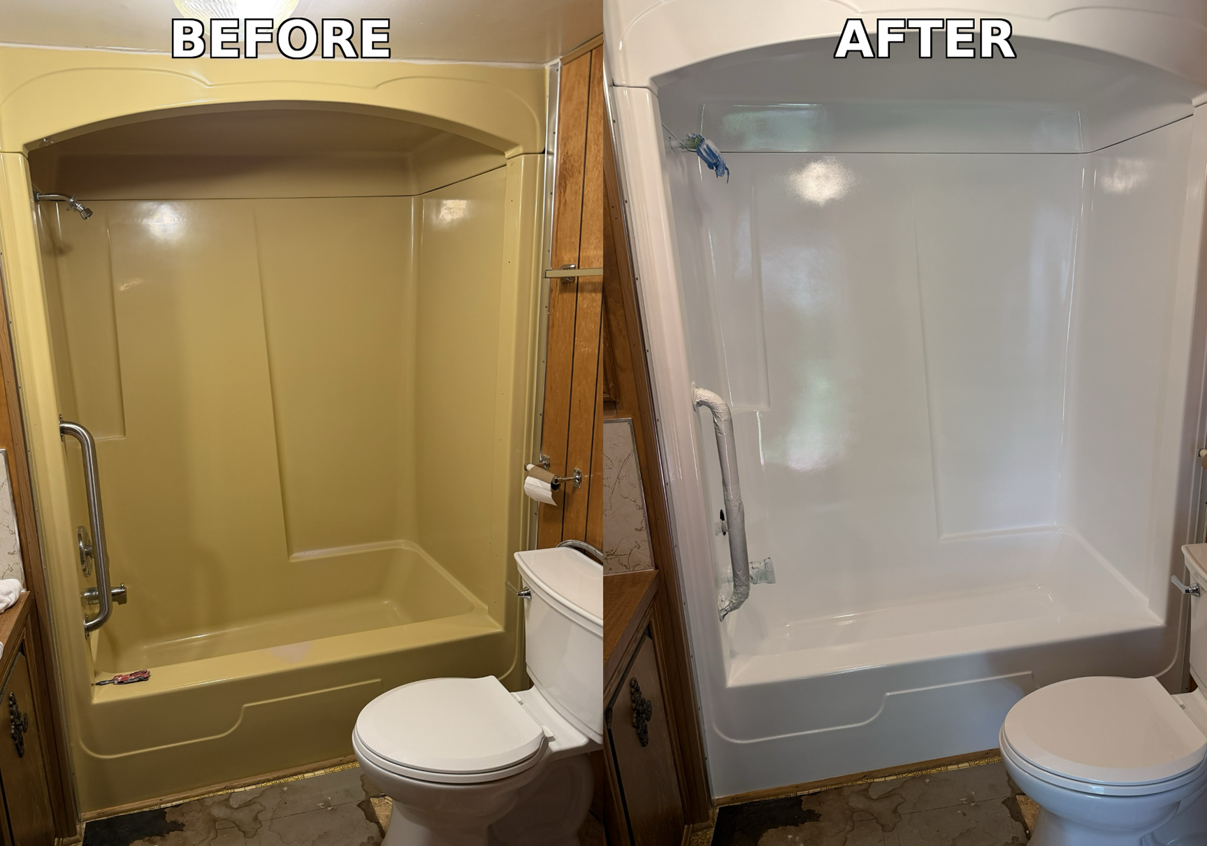 Before-and-after bathroom tub remodel: yellow tub replaced with white, brighter enclosure.