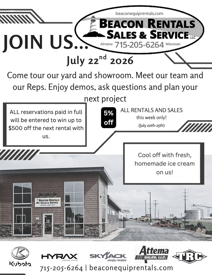 Beacon Rentals sales & service ad with storefront, “Join us,” and 50% off all items sale.