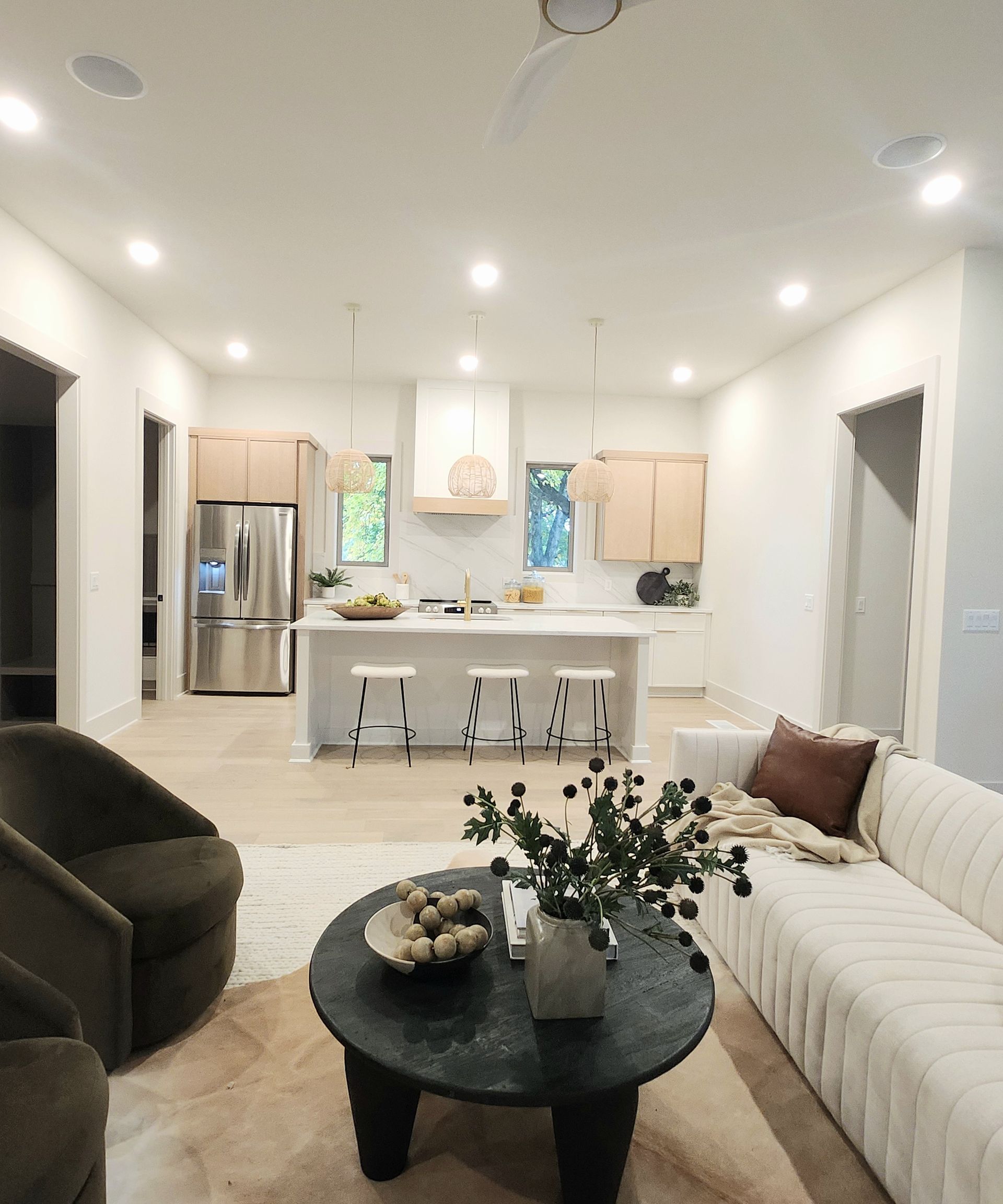 A living room with a couch and a coffee table