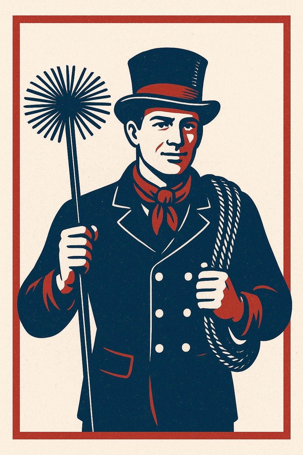 Chimney sweep in dark suit, holding brush and rope, smiling.
