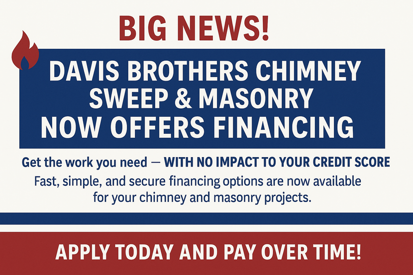 Advertisement for Davis Brothers Chimney Sweep & Masonry offering financing. Text on a blue and red background:
