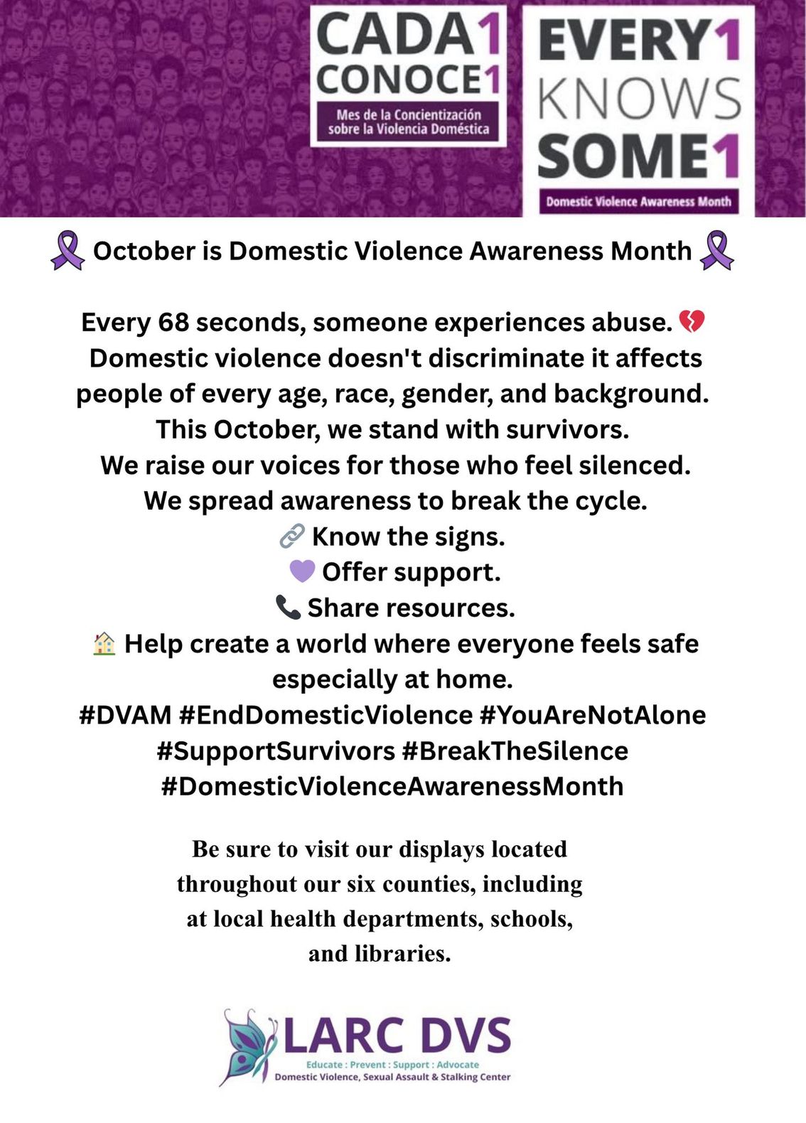 Poster: Domestic Violence Awareness Month. Purple background with text about abuse and resources.