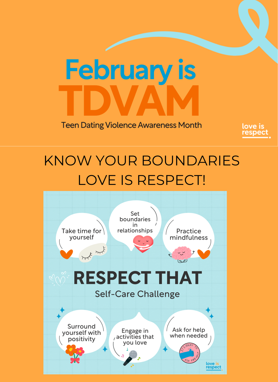 The poster for February is tdvam: know your boundaries, love is respect!