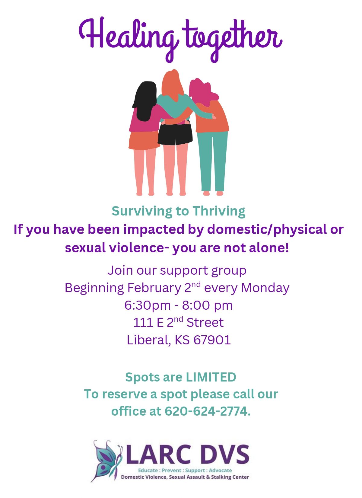 Flyer for support group, Healing Together. Three women hugging, text about domestic violence, meeting details, and a contact number.