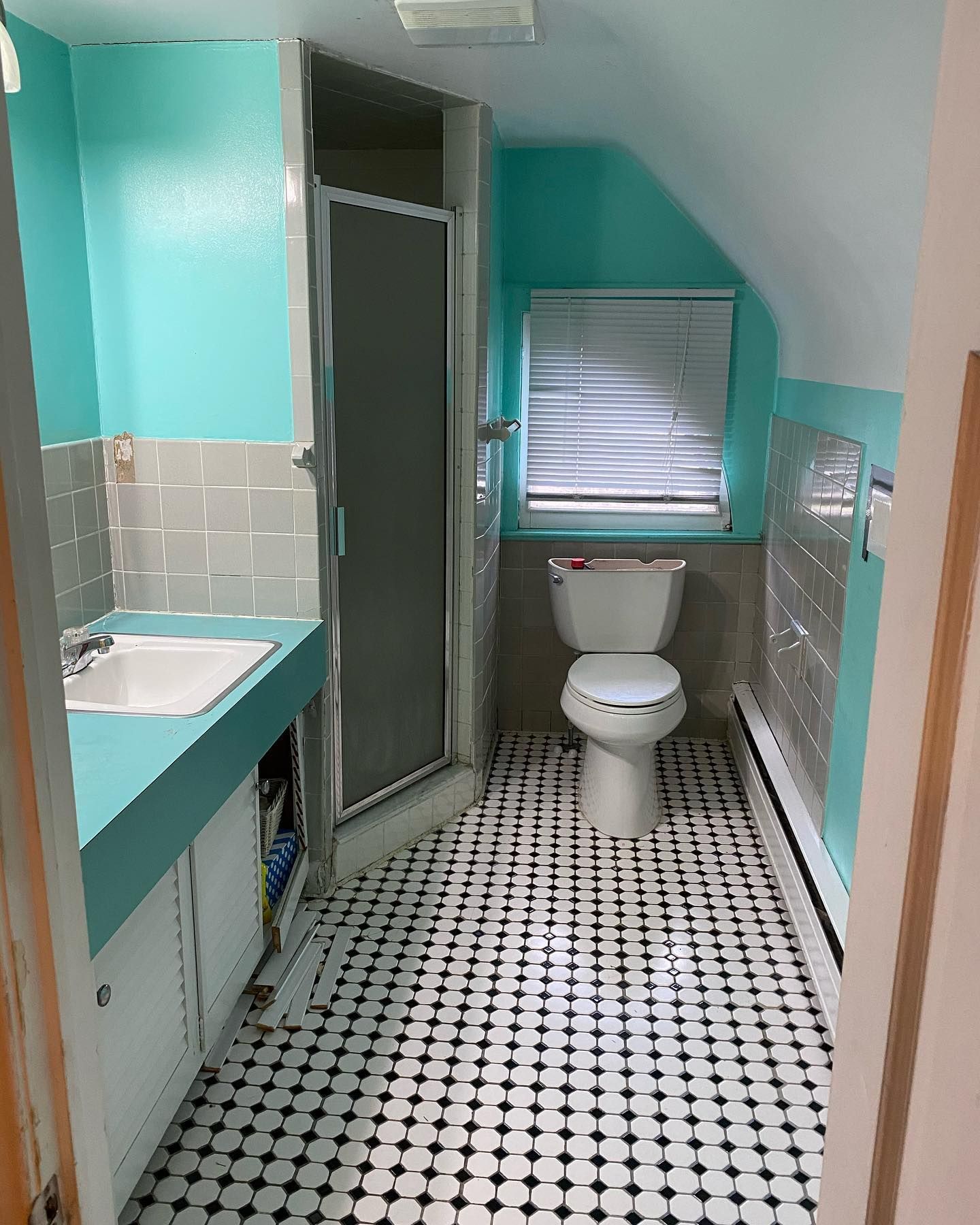 Bathroom with blue walls, white and black tiled floor, toilet, and shower.