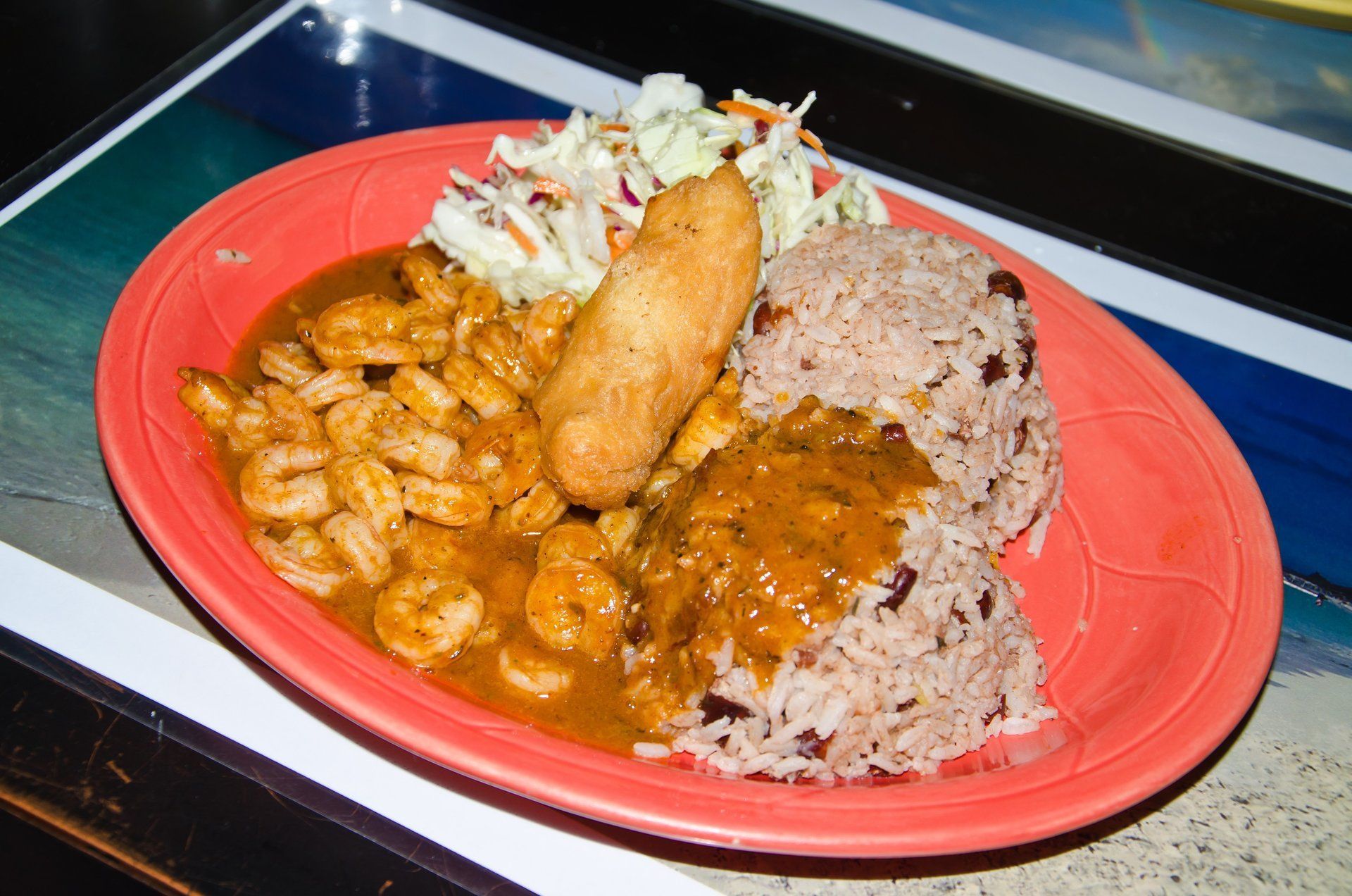 Curry shrimp with rice and beans