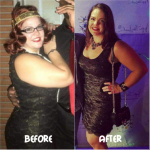 Side-by-side before-and-after photos of a woman in a black dress, posing indoors.