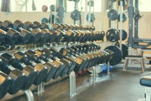 Rows of dumbbells in a gym weight room with mirrors and exercise equipment