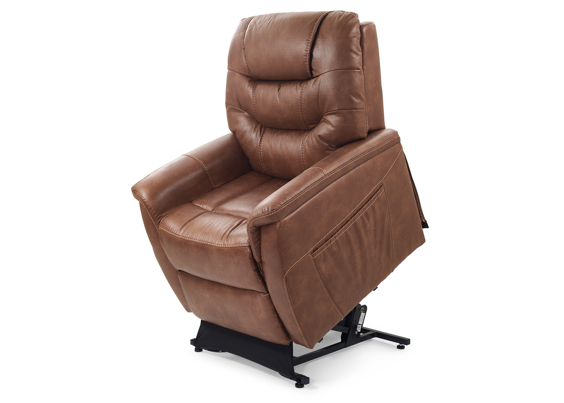 Brown leather lift recliner chair, raised in a tilted position.
