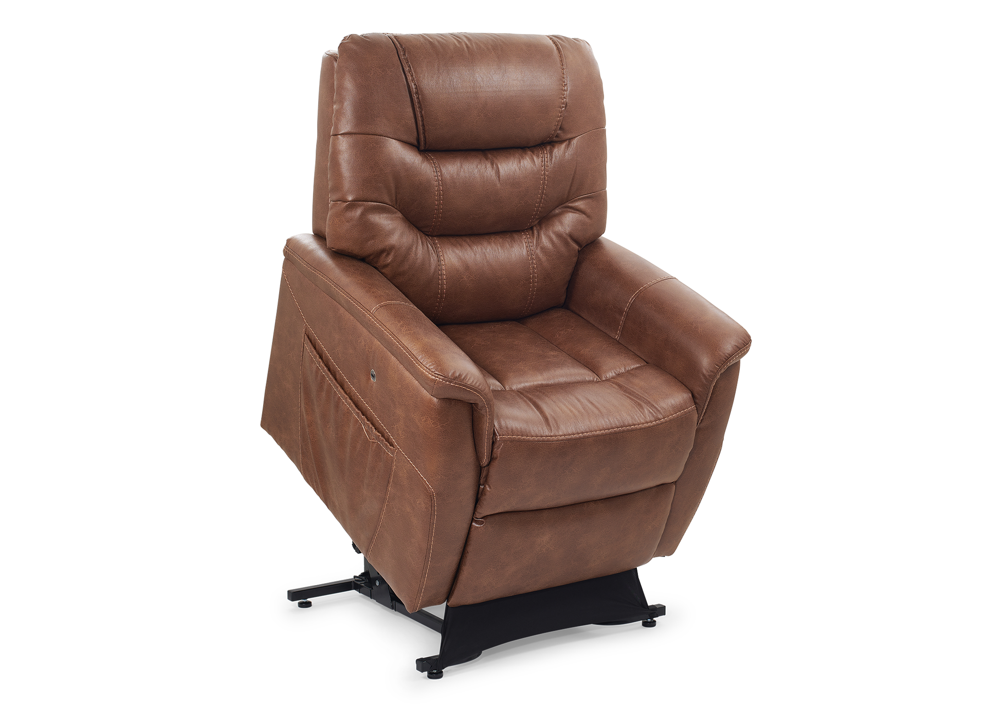 Brown lift chair reclined and raised on a black base.