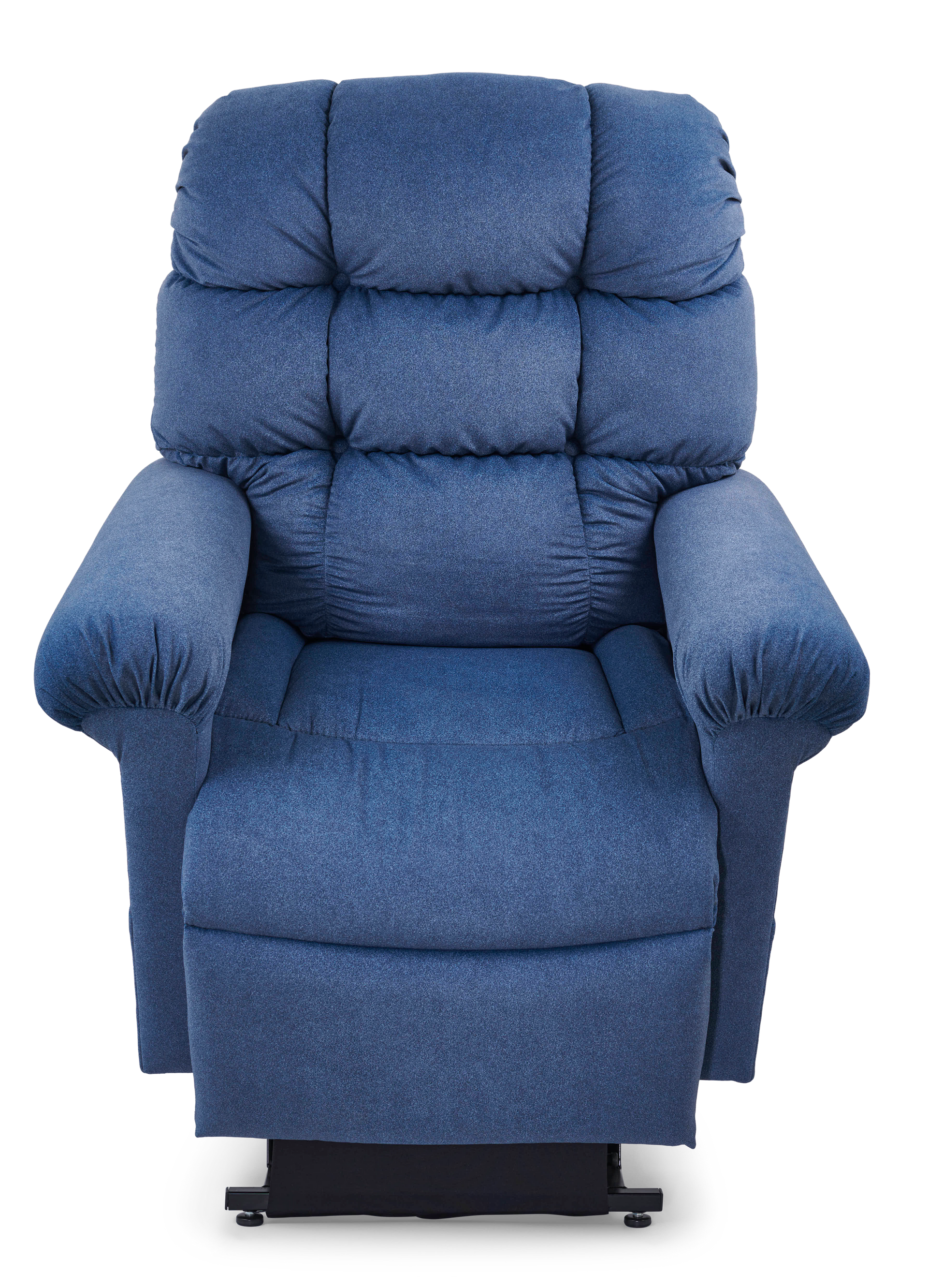 Blue upholstered lift chair, front view, in a neutral setting.