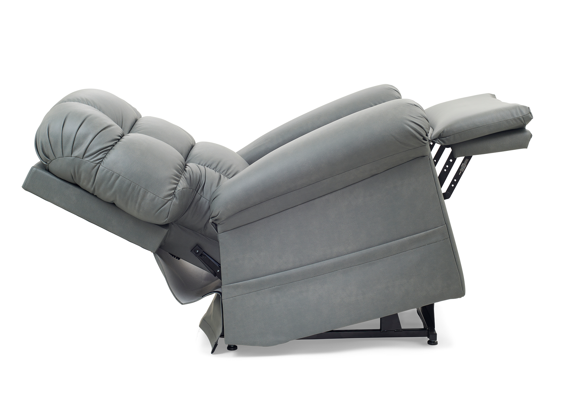 Gray recliner chair, fully reclined, on a white background.