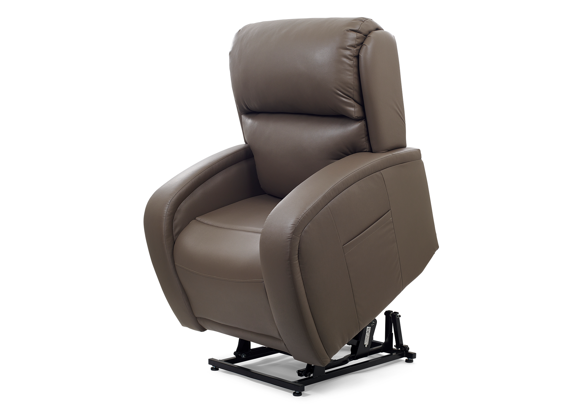 Brown leather lift recliner chair on a white background.
