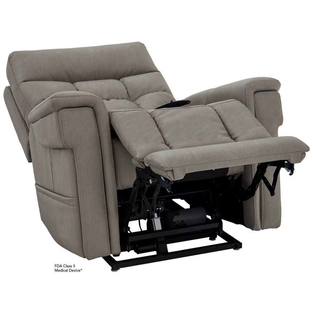 Gray power lift recliner chair, fully reclined, showing leg rest and motor.