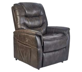 A dark brown leather recliner chair with a side pocket, isolated against a white background.