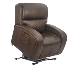 A brown leather lift recliner chair on a metal base, shown in a partial upright position.