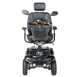 A black, four-wheeled mobility scooter with a padded seat, headrest, mirrors, and a front storage basket.