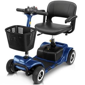 A blue four-wheeled mobility scooter with a black seat, handlebars, and a front storage basket.