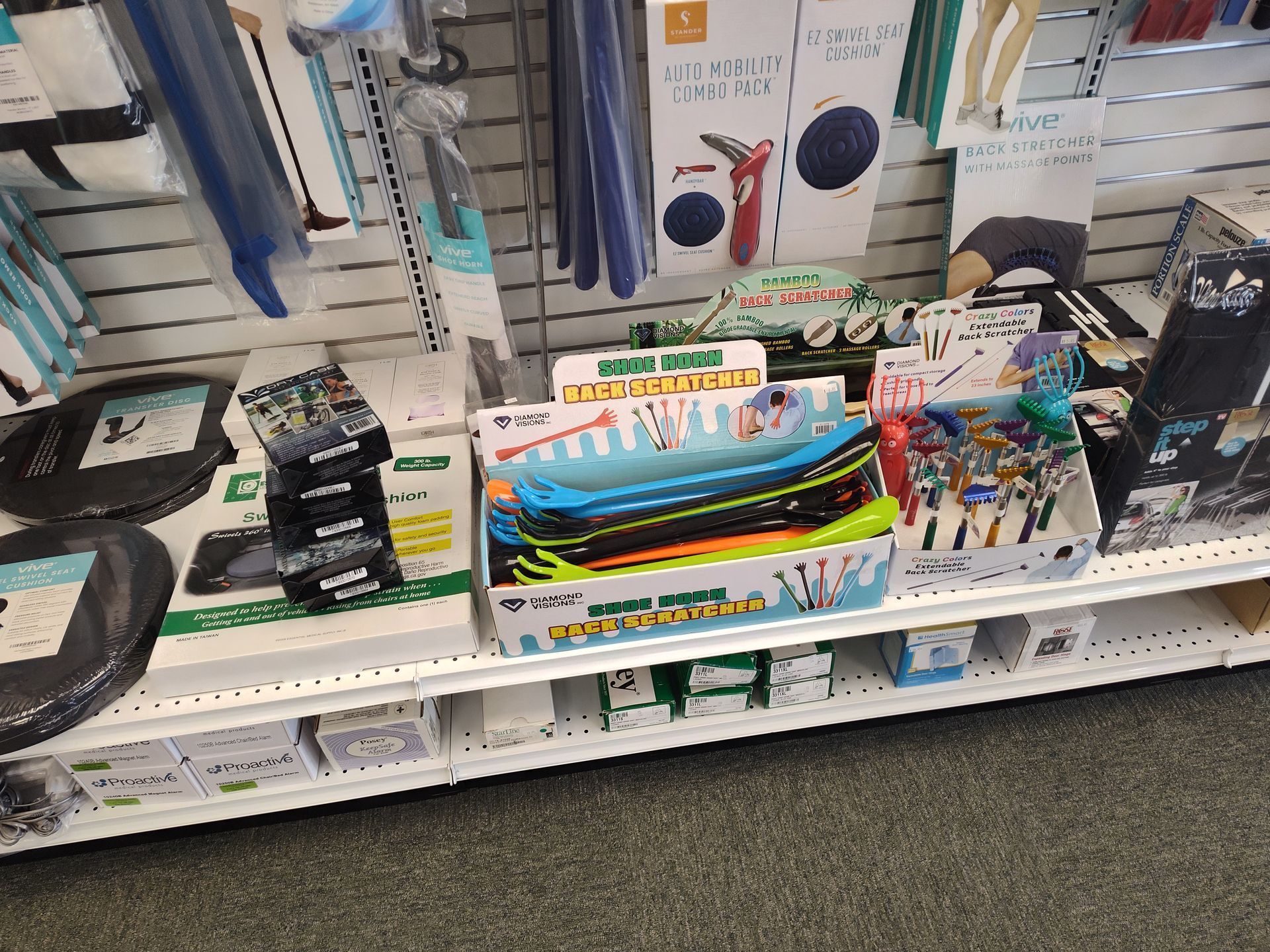 Shelves stocked with various merchandise, including pens, pool noodles, and other colorful items.
