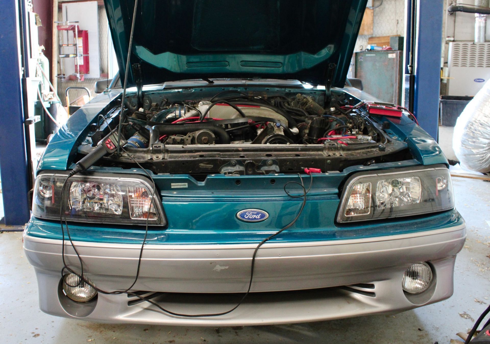 Ford Mustang undergoing auto diagnostic testing at Willard Automotive in Lewisville, TX.