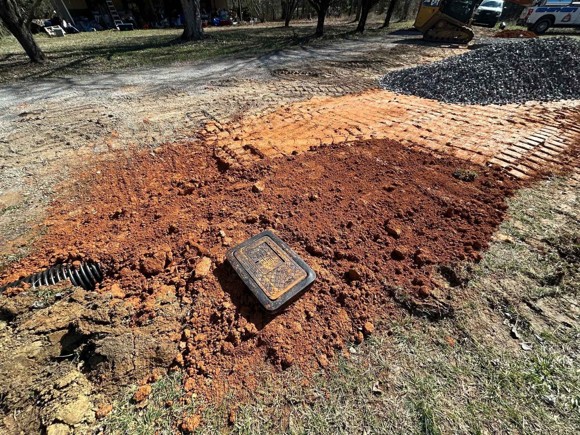 A pile of dirt is sitting on top of a grass covered field.