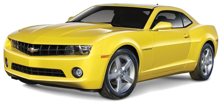 A yellow chevrolet camaro is shown on a white background
