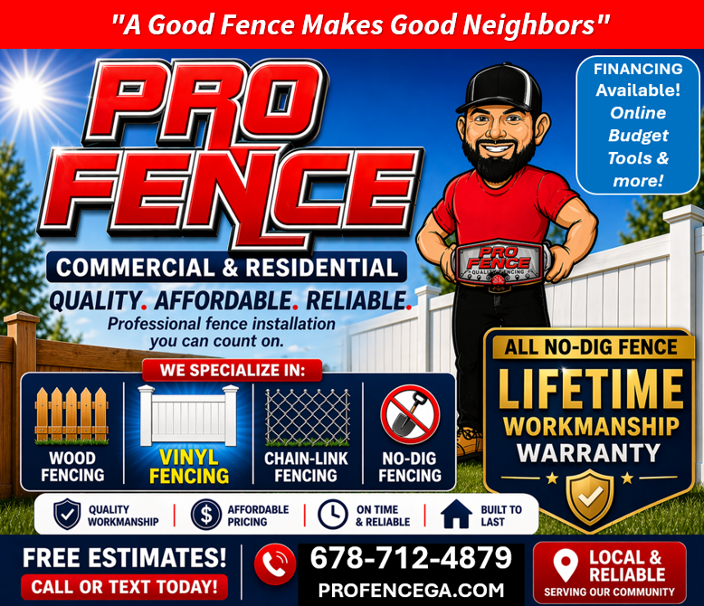 Pro Fence commercial sign with logo, fence types, lifetime warranty, and contact info on blue background