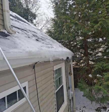 Snow-covered roof and beige house exterior beside evergreen trees in winter