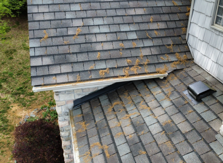 Damaged shingled roof with a collapsed section and a small roof vent near a white wall