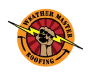 Weather Master Roofing logo with a dog holding a lightning bolt, in orange and black.