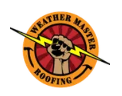 Weather Master Roofing logo with a dog holding a lightning bolt, in orange and black.