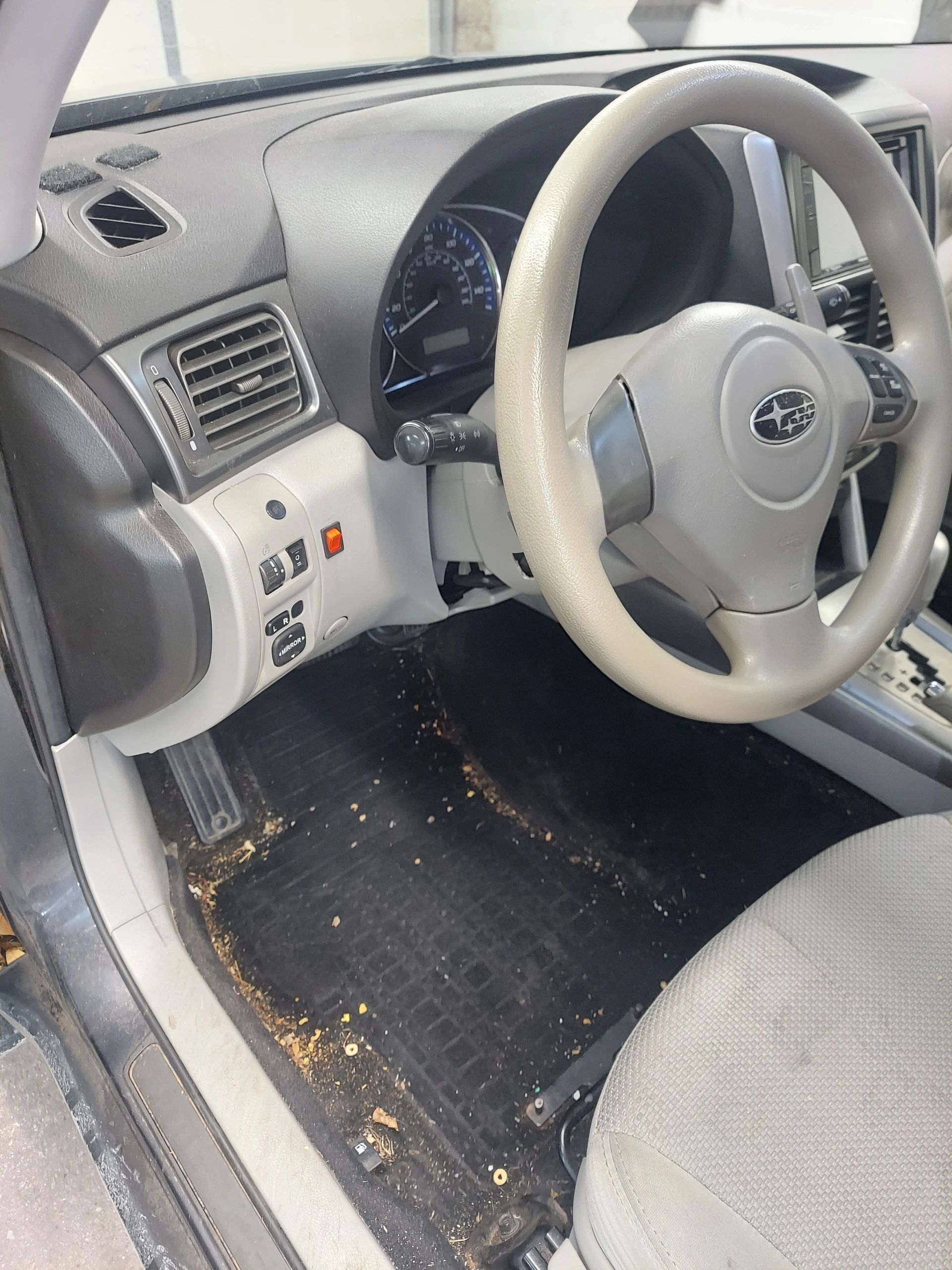 A dirty car with a steering wheel and dashboard