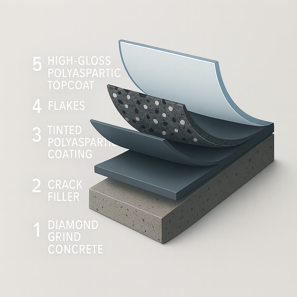 Cross-section diagram of a concrete floor coating: Diamond grind concrete, crack filler, tinted coating, flakes, and high gloss topcoat.