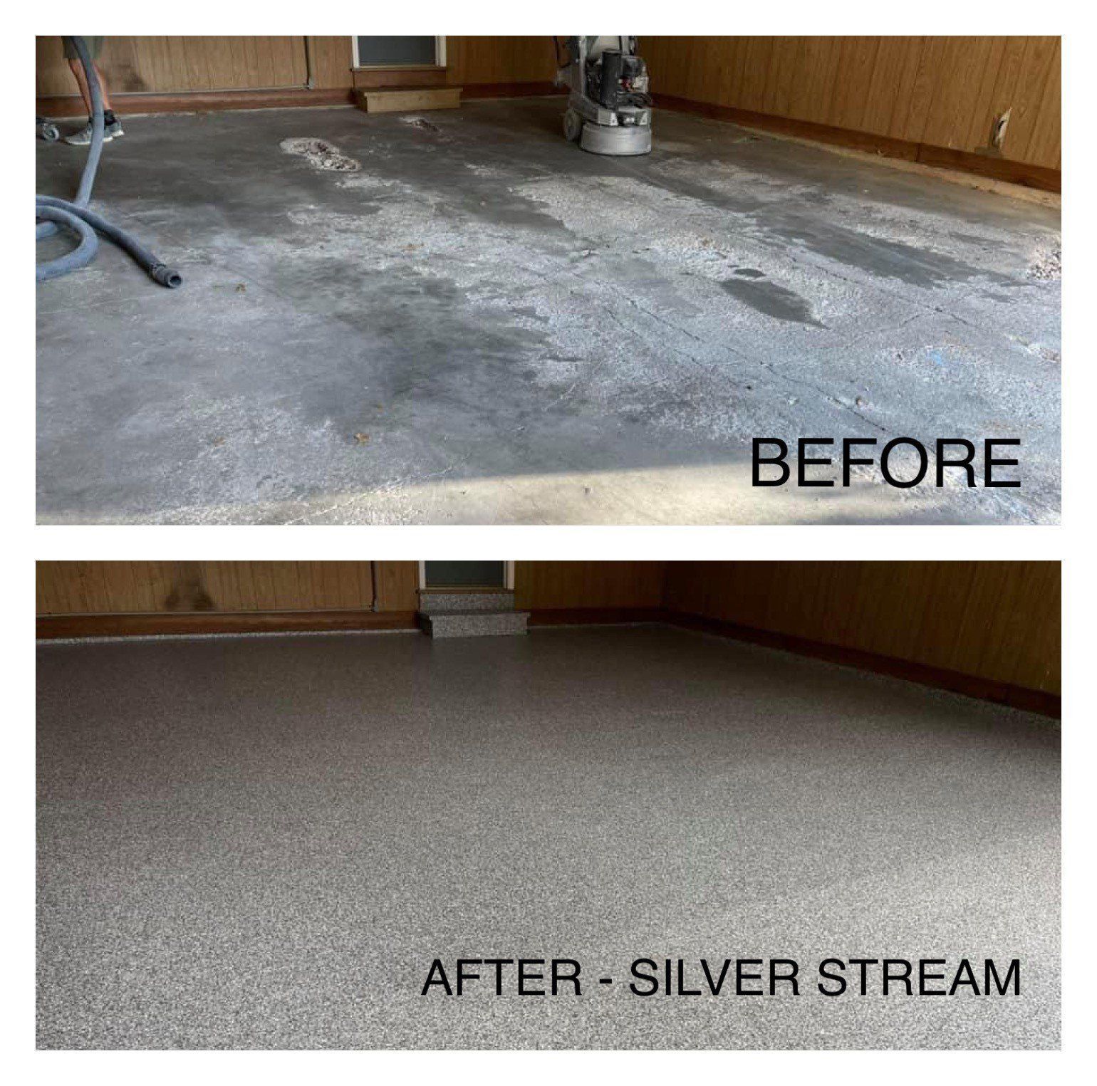 Before and after of a concrete floor. The before shows a worn, gray floor. The after is a smooth, silver-speckled finish.