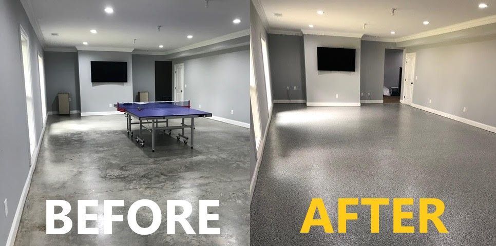 Comparison of a room before and after epoxy flooring, with a ping pong table.