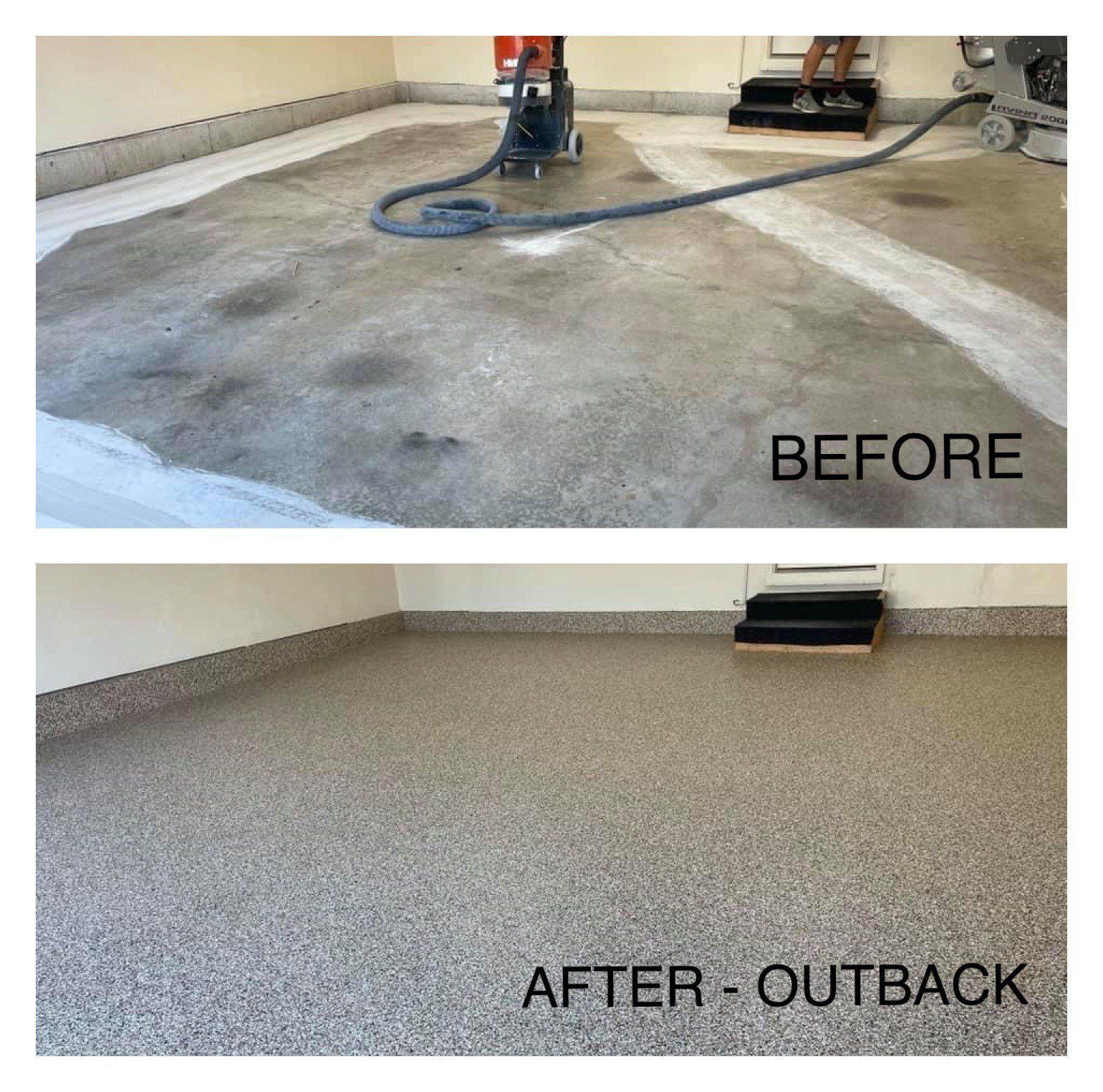 Garage floor transformation: Before, stained concrete; After, speckled epoxy finish.