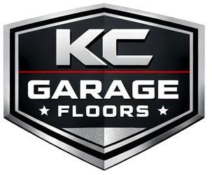 Logo for KC Garage Floors: Silver and black shield with "KC" above "GARAGE FLOORS" in white.
