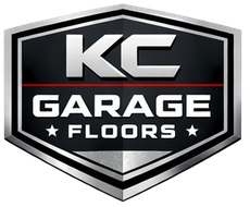 Logo for KC Garage Floors: Silver and black shield with "KC" above "GARAGE FLOORS" in white.