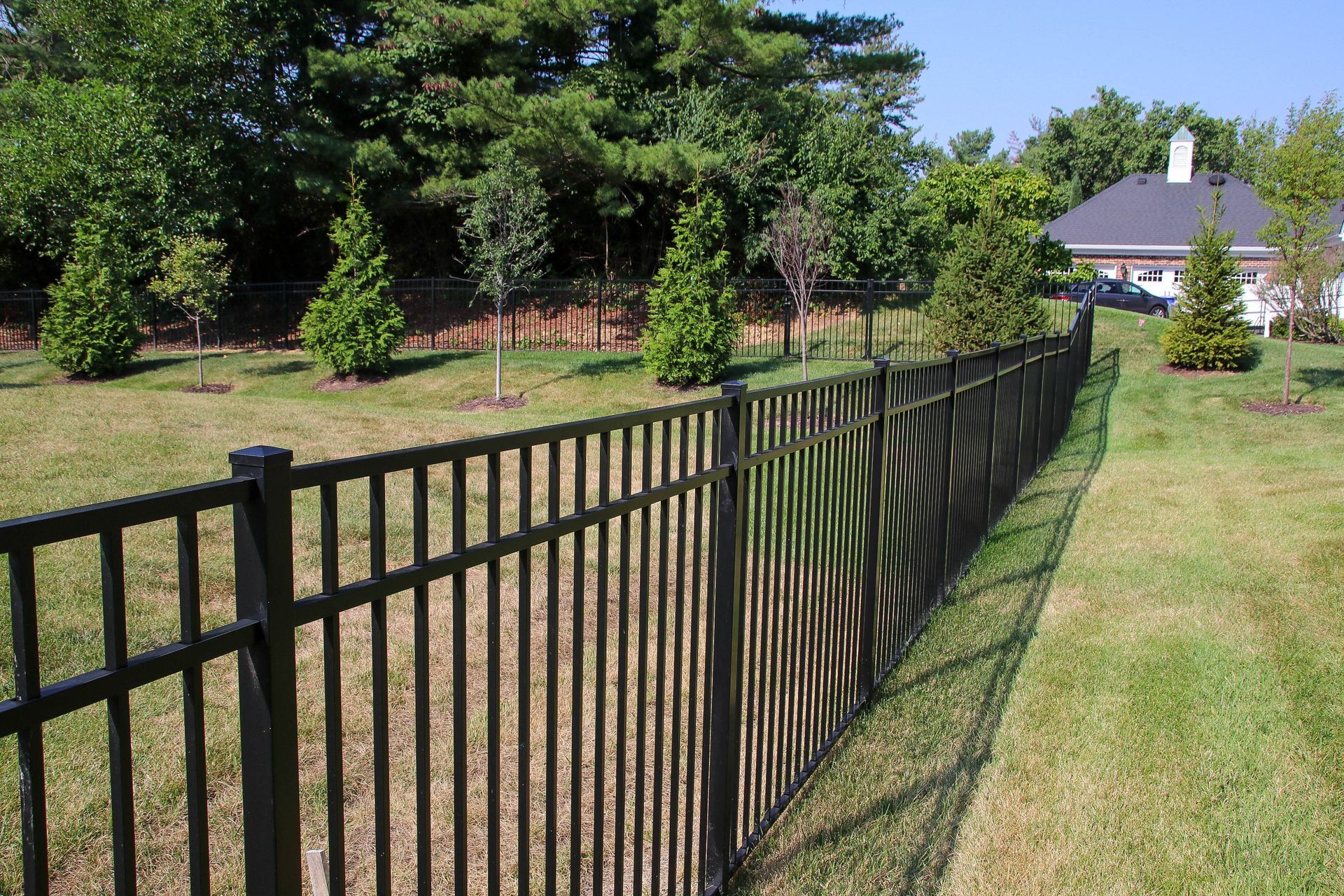 Black metal fence in a yard with trees and a house in the background.