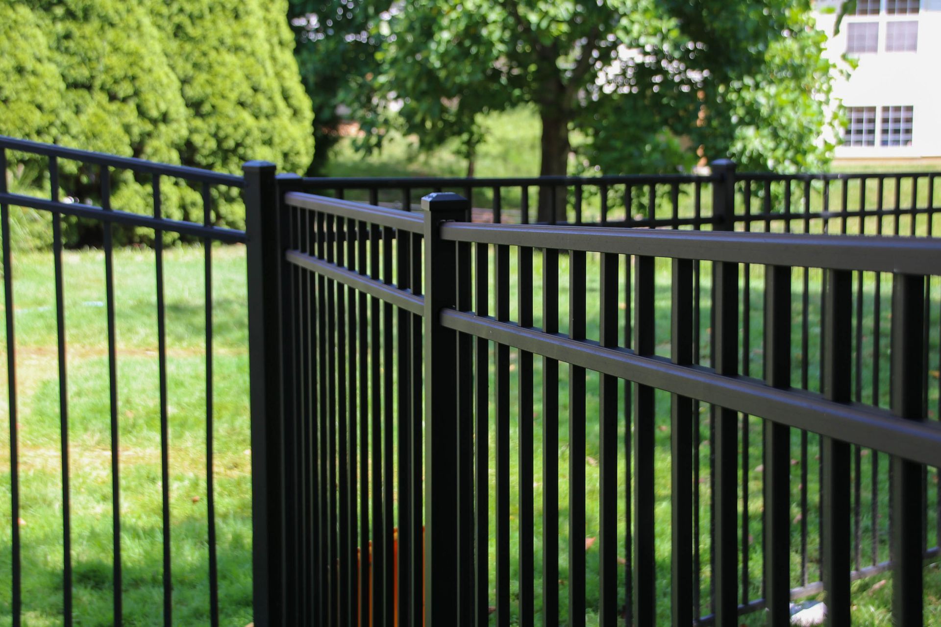 Black metal fence in a yard with grass and trees in the background.