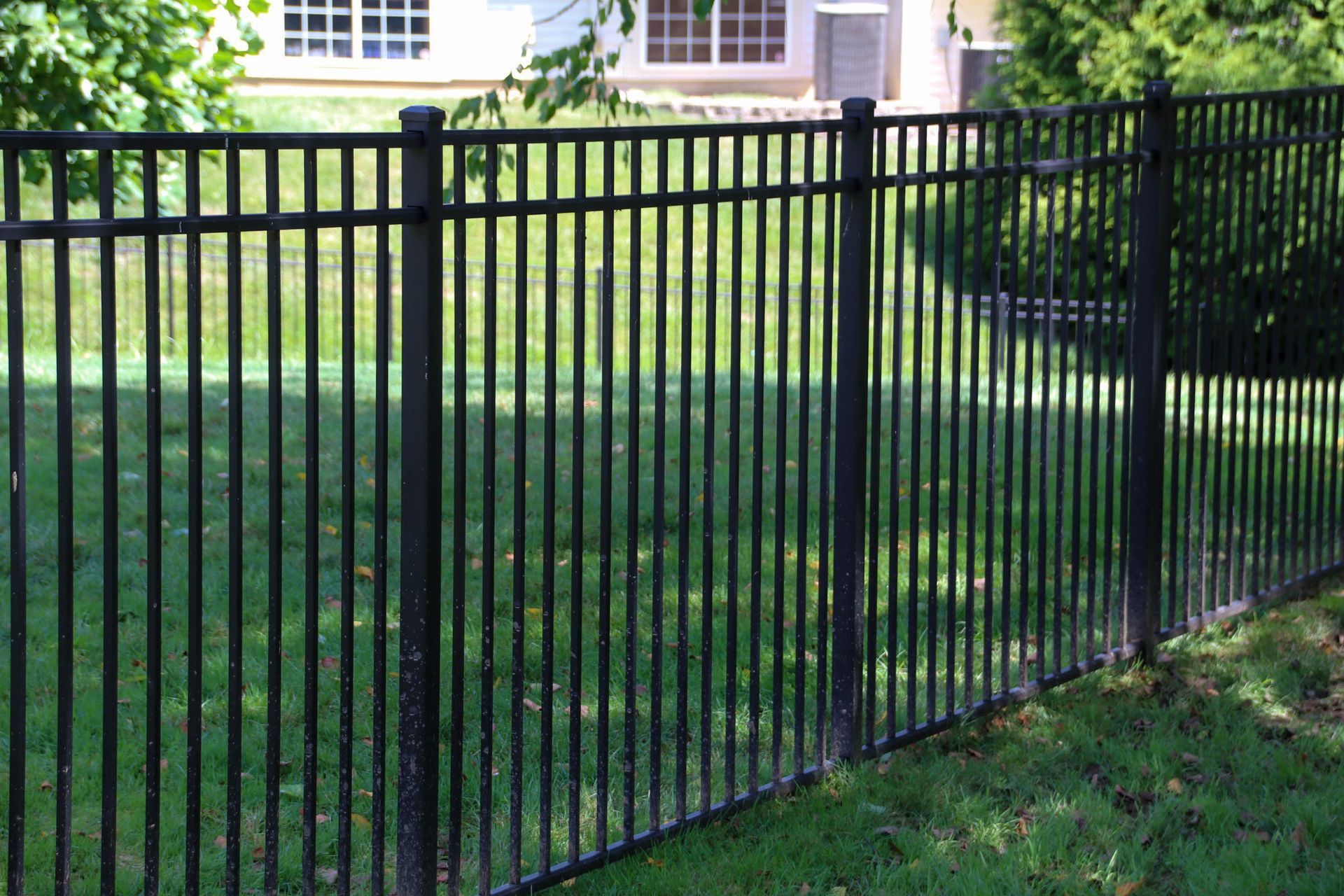 Black metal fence in a grassy yard, with a house visible in the background.