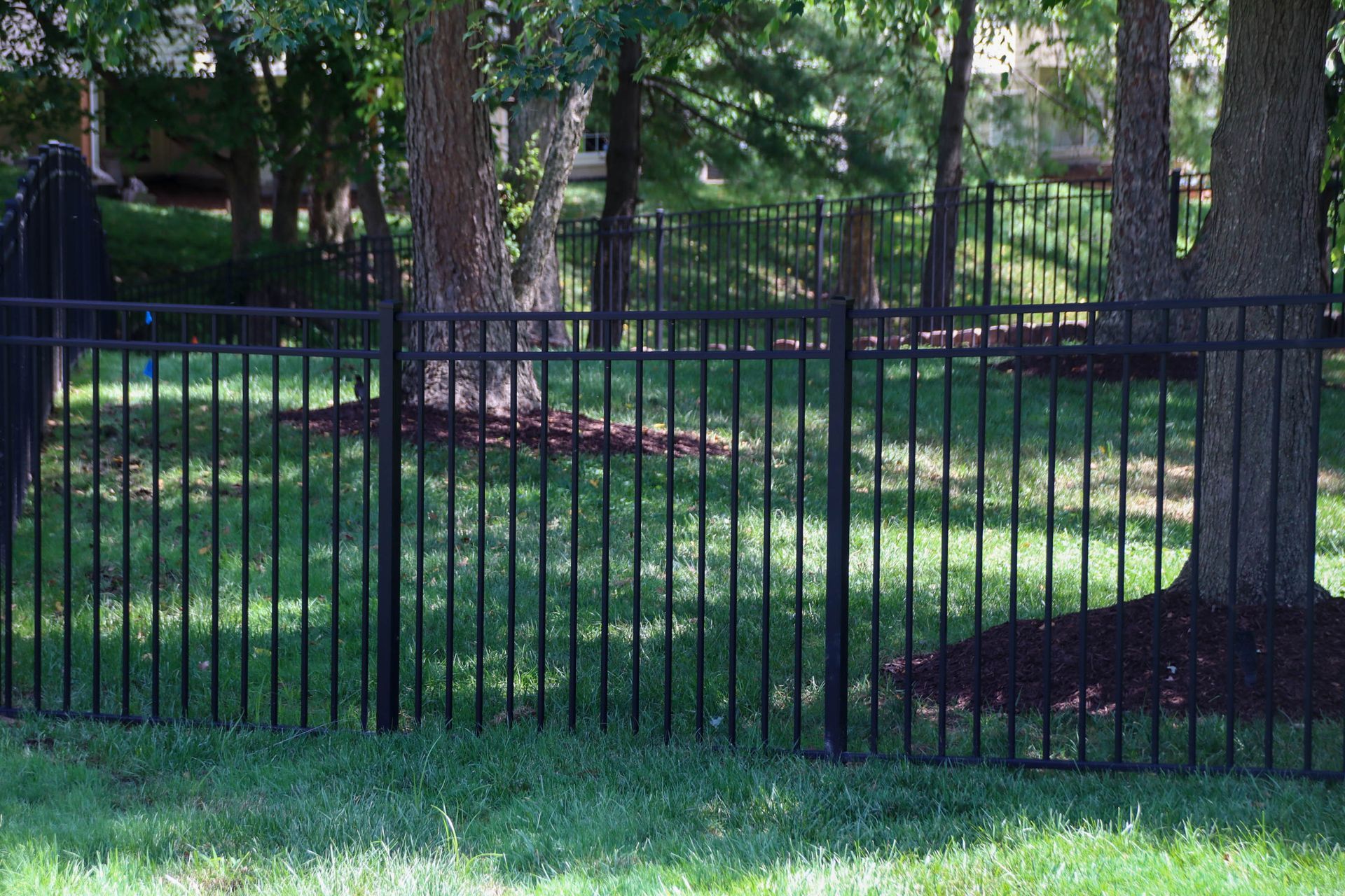 Black metal fence enclosing a grassy area with trees and mulch.