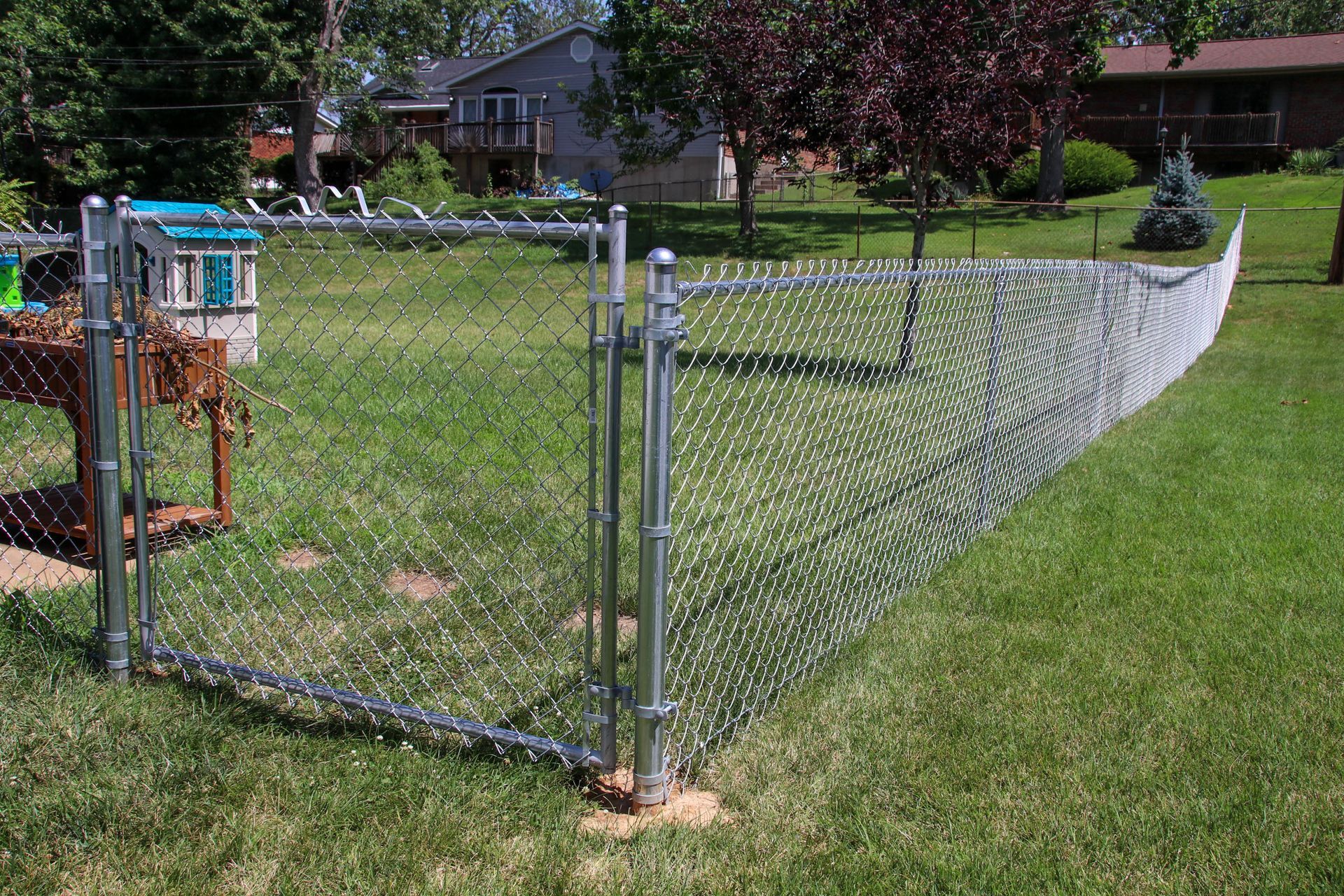 Chain link fence in a grassy yard.