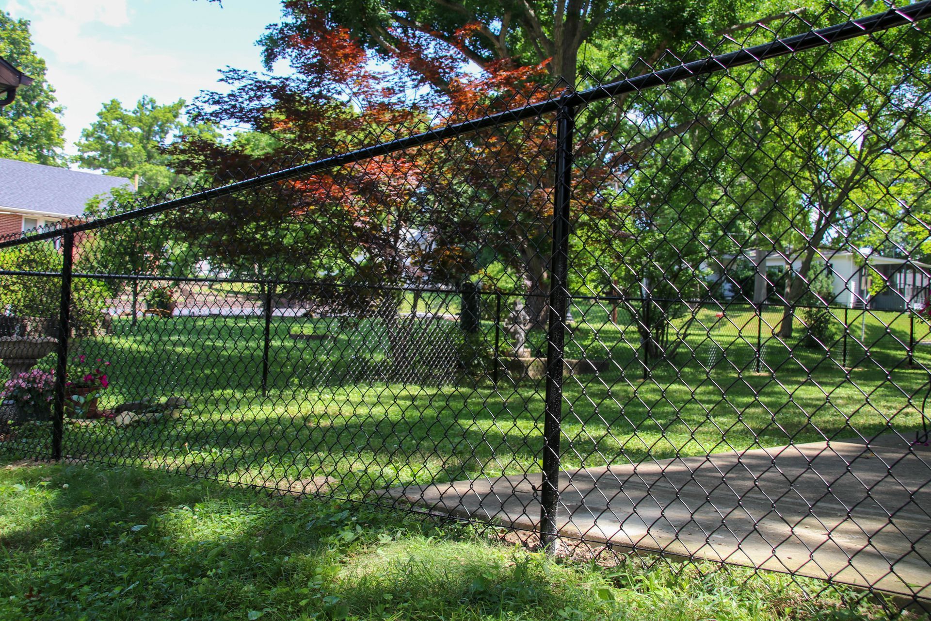 Black chain-link fence encloses a green backyard with trees.