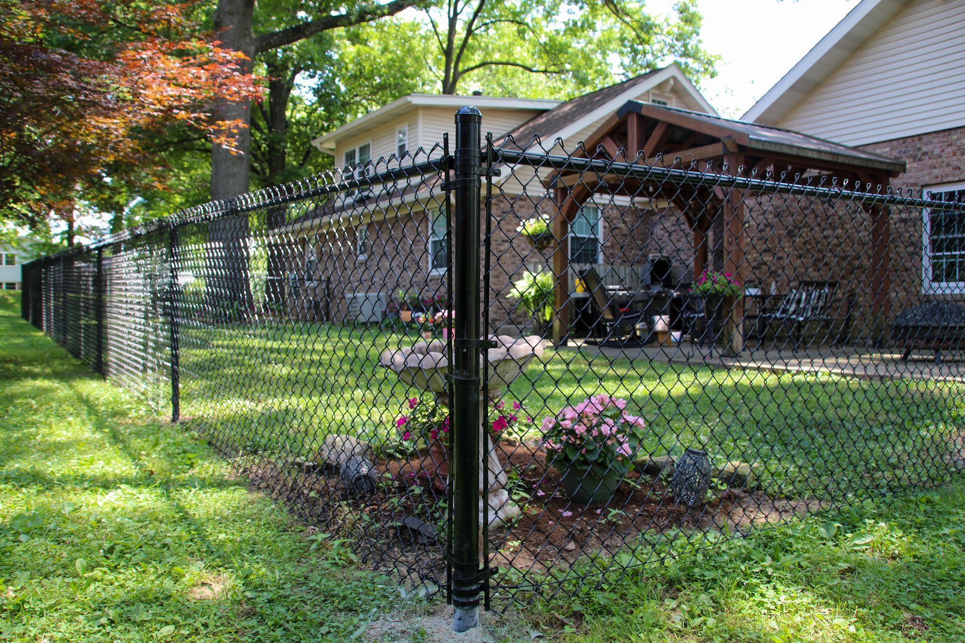 Black chain-link fence surrounds a backyard with a brick house and a pergola. Flowers are in the foreground.