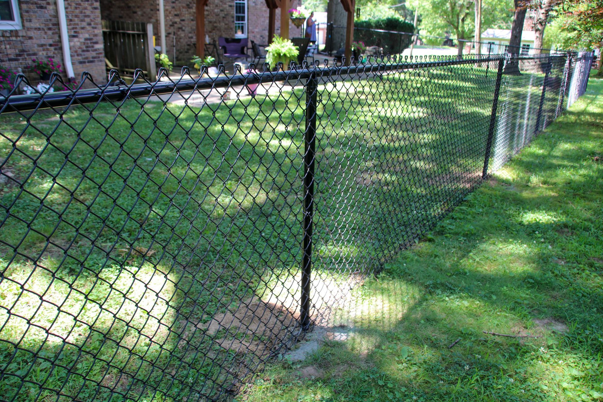 Black chain-link fence in a grassy yard, with a home and trees in the background.