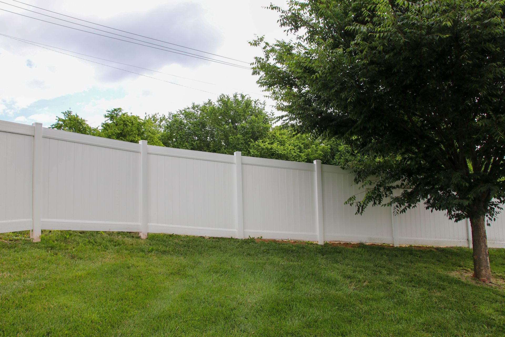 White fence along a green lawn with a tree on a cloudy day.