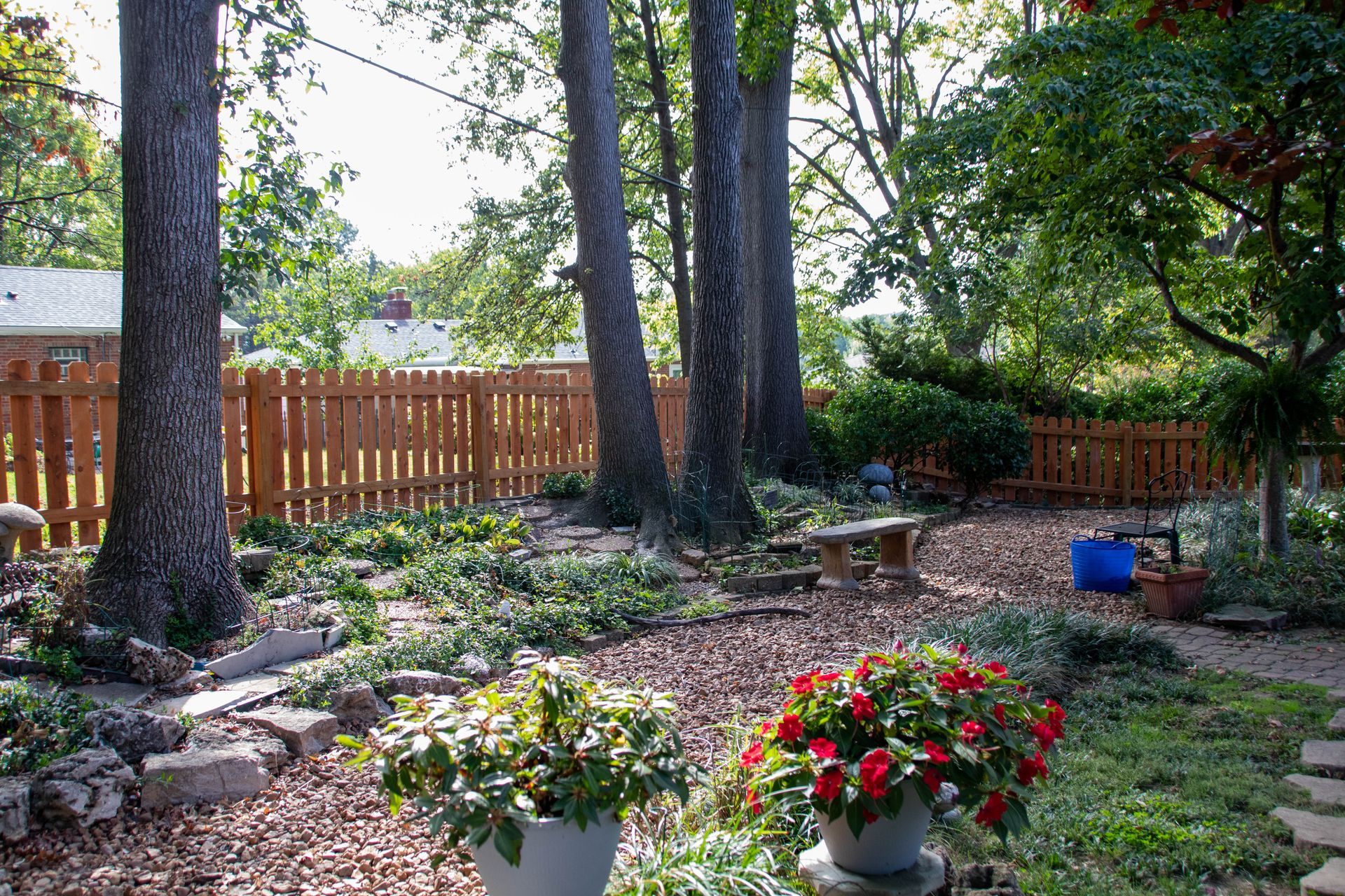 Backyard garden with brown fence, trees, flowers, and a small bench.