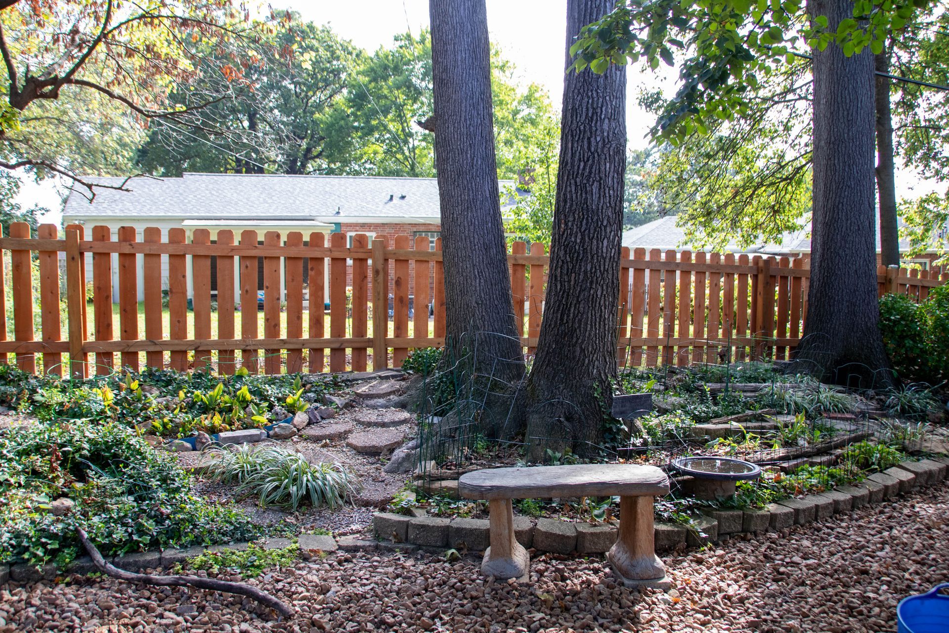 A backyard with a wooden fence, trees, a stone bench, and garden beds. Brown, green and tan colors.