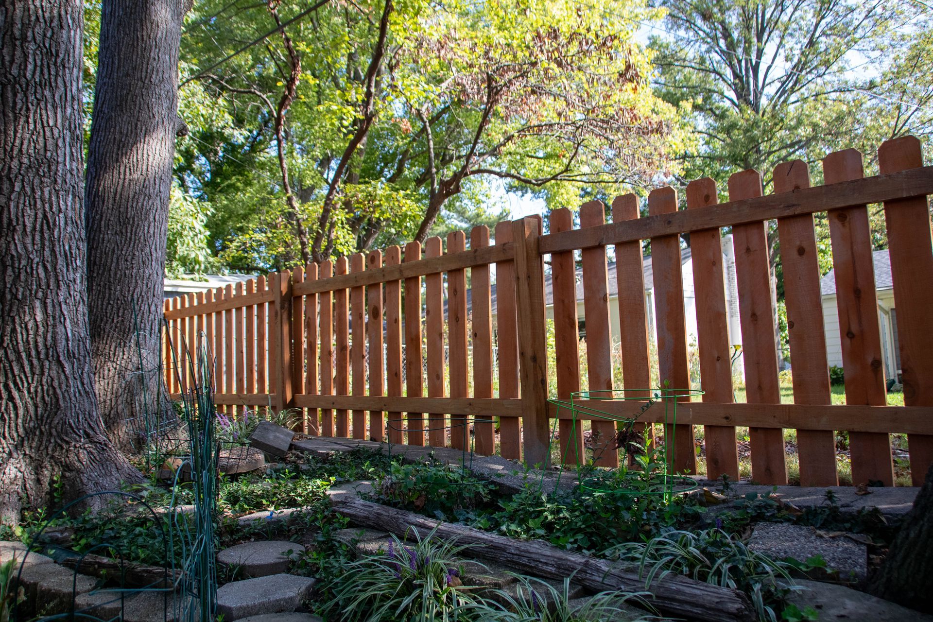 Wooden picket fence in a backyard, with trees and greenery, on a sunny day.